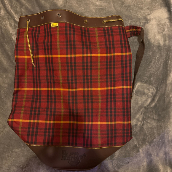 Vintage 90s Dr. Martens Plaid Drawstring Duffel Backpack Large Red Brown